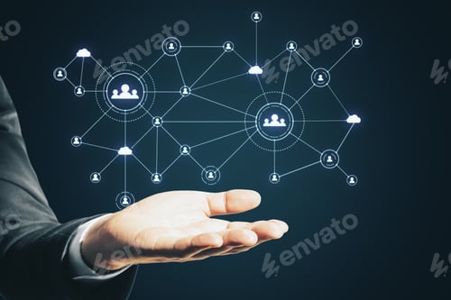 Preview: Businessman Hand Holding Global Social Network Interface And Glowing Human Resource Concept
