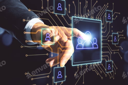 Preview: Hand Using Social Network Hologram. Global Business And Information Concept. Close Up