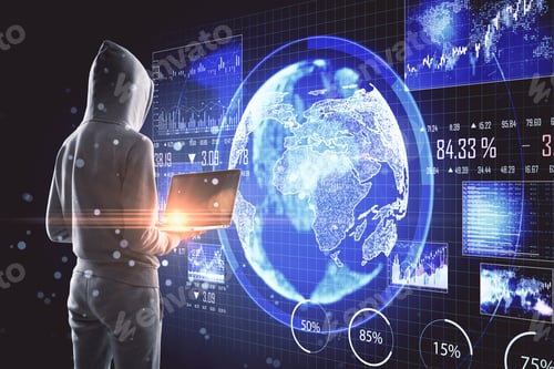 Preview: Hacker With Laptop On Abstract Digital Background. Global Interface And Stock Chart. Business And