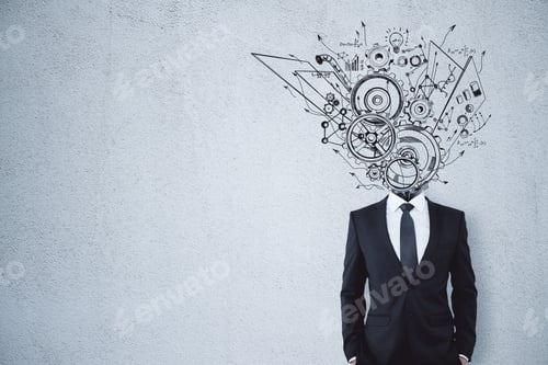 Preview: Sketch Headed Businessman Standing On Concrete Wall. Leadership, Teamwork And Finance
