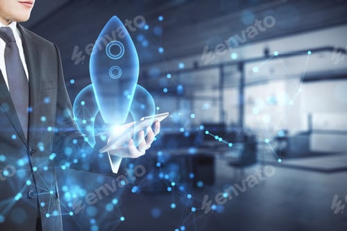 Preview: Close Up Of Businessman Hand Holding Smartphone Or Tablet With Abstract Glowing Blue Rocket Space