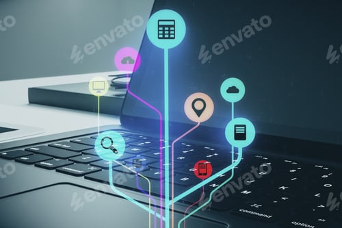 Preview: Close Up Of Laptop With Ceative Glowing Media Interface On Blurry Background. Social Media And