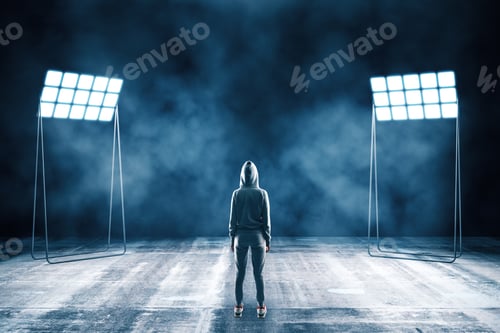Preview: Hacker Standing In Smoky Concrete Interior With Two Spotlight. Stage Concept