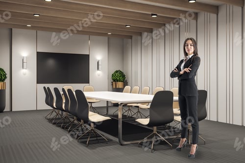 Preview: Young Businesswoman Standing In Luxury Wooden Meeting Room, Furniture And Equipment