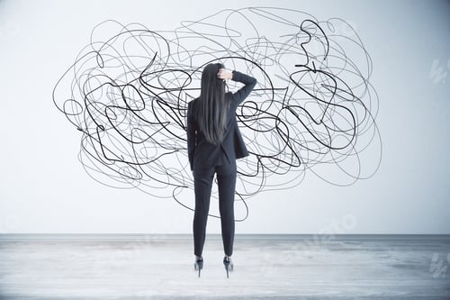 Preview: Back View Of Thoughtful Young Businesswoman Looking At Abstract Scribble On Wall. Confusion And