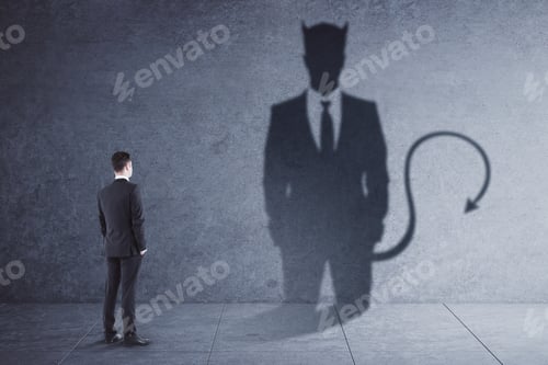 Preview: Attractive Thoughtful Young European Businessman With Devil Shadow Standing In Empty Concrete
