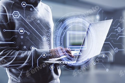 Preview: Hacker Using Laptop With Creative Computer Icon Hologram On Blurry Office Background. Digital