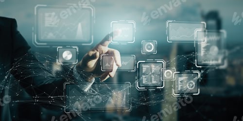 Preview: Close Up Of Businessman Hand Pointing At Creative Business Chart Hologram On Blurry City
