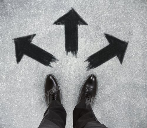 Preview: Top View Of Businessman Feet On Concrete Floor With Drawn Arrows. Opportunity Concept