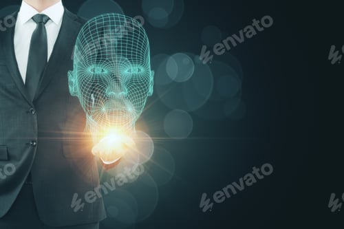 Preview: Hand Holding Polygonal Head On Blurry Dark Background. Artificial Intelligence Concept