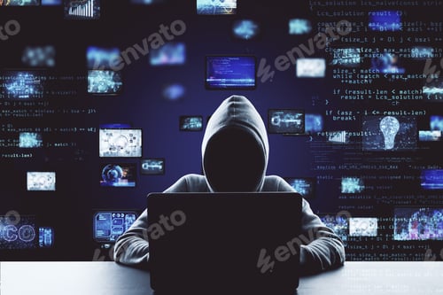 Preview: Hacker Using Laptop Computer With Digital Business Interface Hologram. Hacking And Cyber Attack