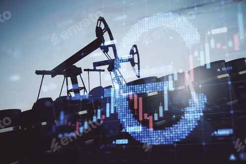 Preview: Abstract Backlit Oil Pumping Equipment On Sky Background With Glowing Growing Forex Chart With Euro