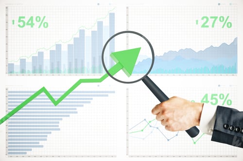 Preview: Hand With Magnifier Over Upward Green Arrow. Business Charts And Graphs Background. Research Concept
