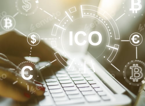 Preview: Side View Of Female Hands Using Laptop With Ico Hologram. Double Exposure