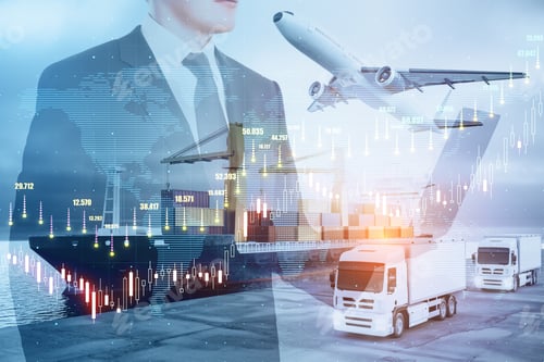 Preview: Smart Technology And Global Logistic Service Concept With Double Exposure Of Businessman Using