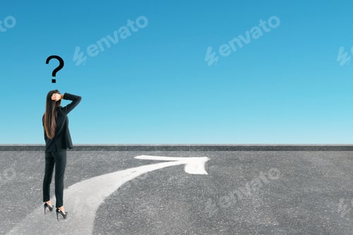 Preview: Back View Of Young Businesswoman Standing On Road With Arrow And Question Mark. Sky Background. Way