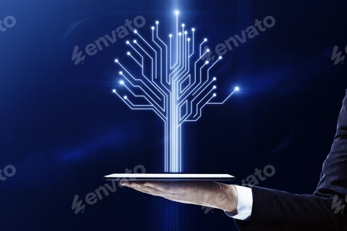 Preview: Close Up Of Hand Holding Tablet With Abstract Digital Circuit Tree On Blurry Blue Background