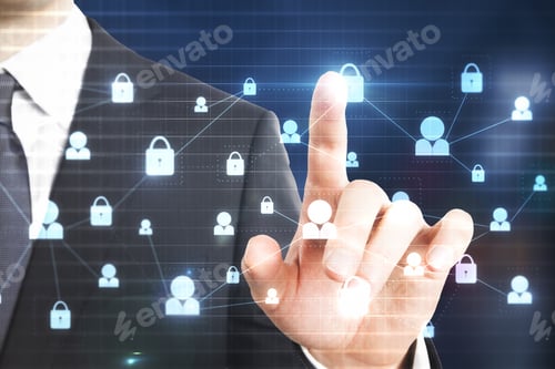 Preview: Businessman Hand Pointing At Abstract Lock Background Interface. Web Safety And Protection Concept