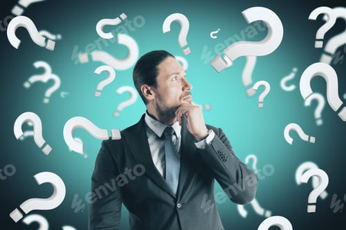 Preview: Portrait Of Attractive Young European Businessman With Question Marks. Doubt And Confusion Concept