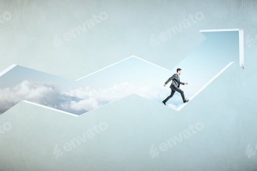 Preview: Businessman Walking On Transparent Arrow On Blue Sky Background. Business And Challenge Concept.