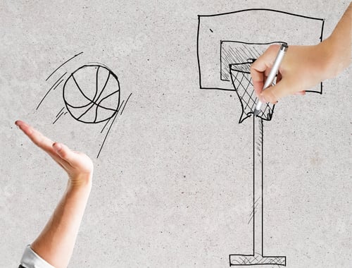 Preview: Male Hands Drawing And Throwing Abstract Drawn Baksteball Into Basket. Sports Concept