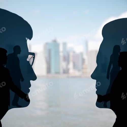 Preview: Silhouettes Of Two Caucasian Businessperson Standing Face To Face On A City Background. Business