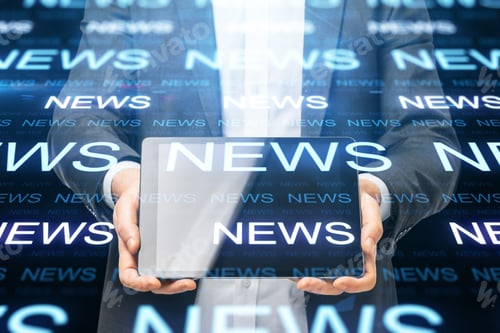 Preview: Businessman Holding Tablet With Glowing News Hologram Interface. News And Information Concept.
