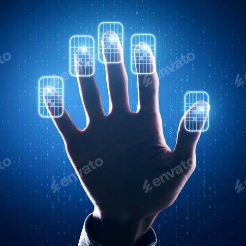Preview: Hand Using Abstract Finger Scanning Interface On Binary Code Background. Future And Access Concept