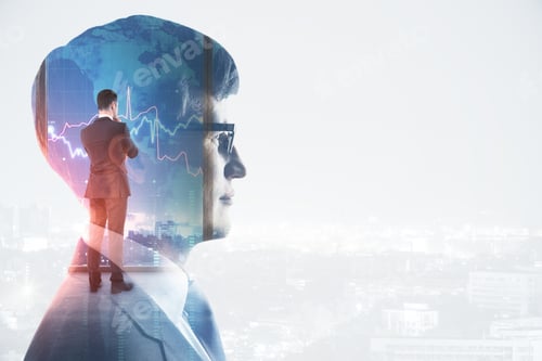 Preview: Thoughtful Young Businessman Standing On Abstract White City Background With Forex Chart And Mockup