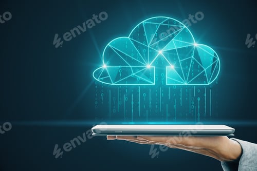 Preview: Hand Holding Tablet With Creative Glowing Blue Polygonal Binary Code Cloud Raining On Dark