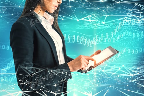 Preview: Side View Of Attractive Young European Adult Using Tablet On Abstract Blue Polygonal Background