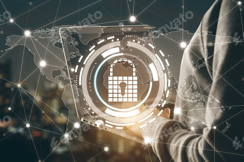 Preview: Hacker Using Laptop With Abstract Glowing Digital Padlock Interface On Blurry Night City Background