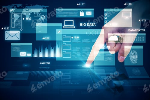 Preview: Hand Using Digital Business Interface Hologram. Big Data And Innovation Concept. Multiexposure