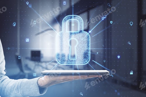 Preview: Close Up Of Hand Holding Tablet With Creative Glowing Web Security Padlock On Blurry Office