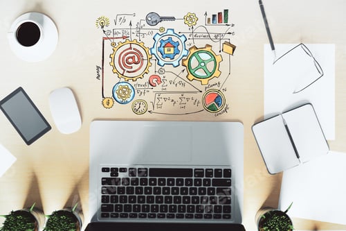 Preview: Top View Of Desktop With Accessories And Laptop And Business Scheme