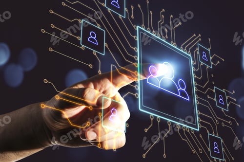 Preview: Hand Using Social Network Hologram And Glowing Human Resource Concept. Close Up