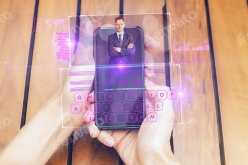 Preview: Female Hands Holding Device With Business Hologram, Talking To Businessman. Wooden Background