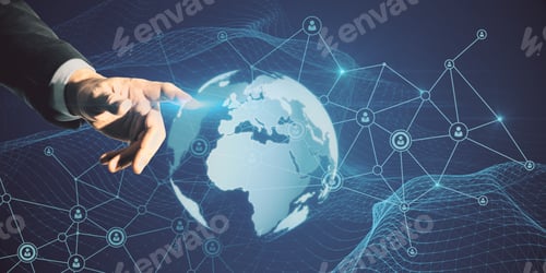 Preview: Businessman Hand Pointing At Glowing Globe Hologram With Polygonal Mesh On Blue Background. Global