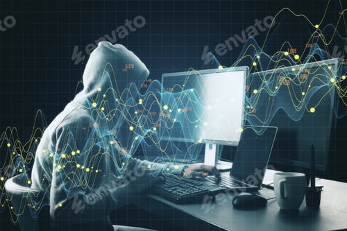 Preview: Hacker Using Computer With Abstract Glowing Chart On Dark Background. Finance And Malware Concept