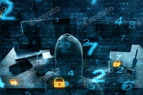 Preview: Cyber Attack In Process With Hacker Using Laptop. Computer And Digital Security Icons In Cells.