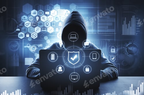 Preview: Computing And Network Concept. Hacker Using Computer With Digital Business Interface. Double