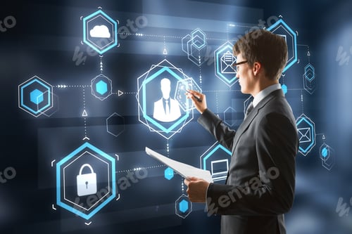 Preview: Side View Of Young European Businessman Using Digital Business Interface On Blurry Background