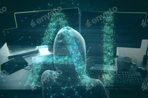 Preview: Hacker At Dark Desktop Using Computer With Abstract Ai Hud On Blurry Background. Artificial