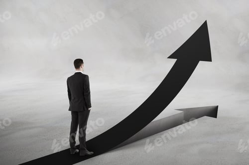 Preview: Personal Growth And Motivation Concept With Businessman Looking At Black Upward Road-Arrow At