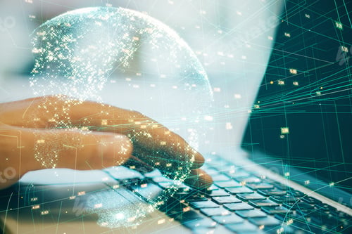 Preview: Hand Typing On Keyboard Laptop With Business Chart And Earth Hologram. Finance And Trade Concept