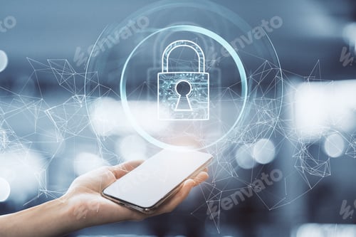 Preview: Hand Holding Smartphone With Creative Polygonal Padlock Interface On Blurry Background. Internet
