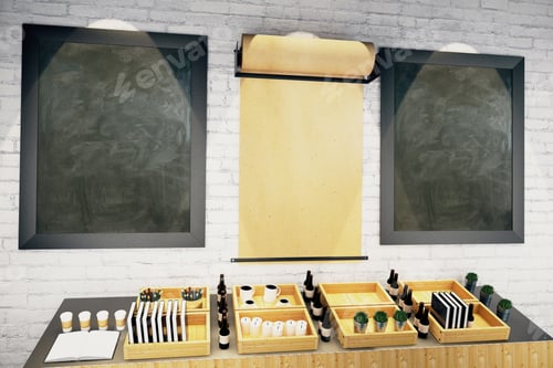 Preview: Blank Parchment Roll And Two Blackboards In Frames On Brick Wall In Cafe Interior. Mock Up, 3D