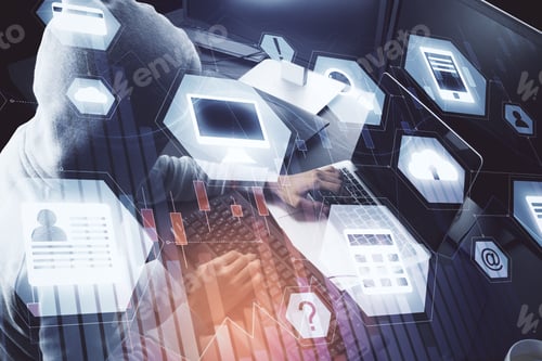 Preview: Hacker Computer With Abstract Glowing Business Interface. Cloud Computing And Hud Concept