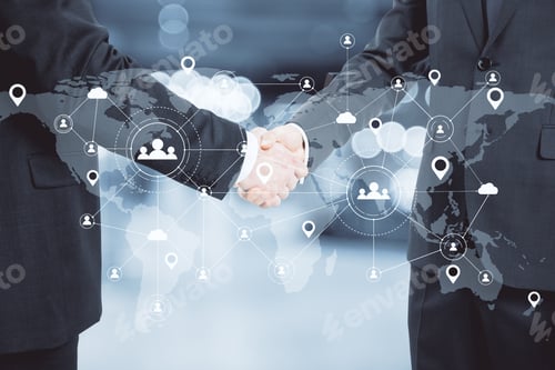 Preview: Businessmen Shaking Hands With Glowing Human Resource Interface With World Map. Business And