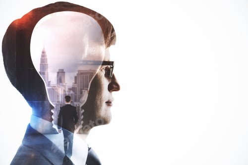 Preview: Abstract Side Portrait Of Businessman With Light Bulb Abstraction On White Background With Mock Up